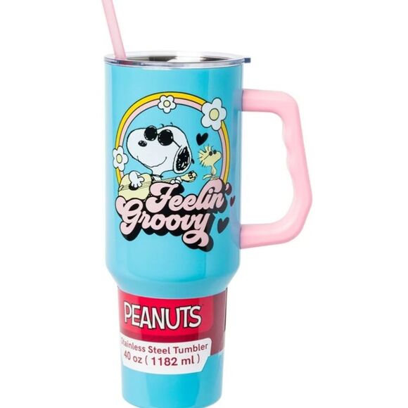Bioworld X Peanuts Snoopy & Woodstock Feeling Groovy SS Tumbler w/Straw - Picture 1 of 11